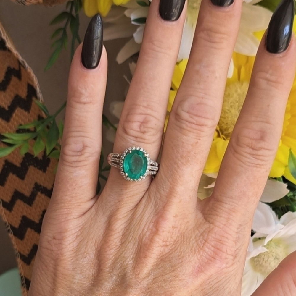 Emeraldine Quartz (Triplet) With Natural White Zircon Accented Triple Shank Ring